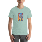 Mint green t-shirt with blue robot graphic featuring 777, slot machine theme for players and pros
