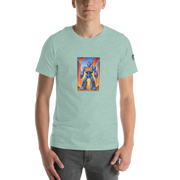 Mint green t-shirt with blue robot graphic featuring 777, slot machine theme for players and pros