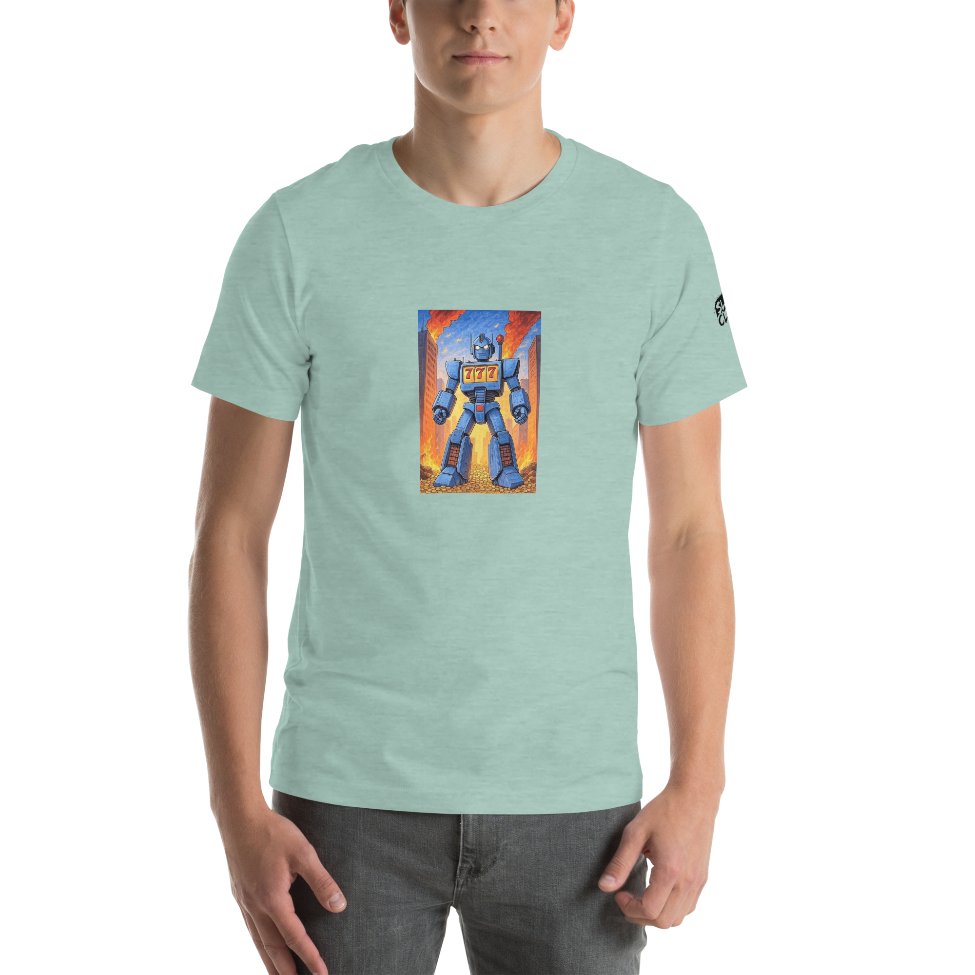 Mint green t-shirt with blue robot graphic featuring 777, slot machine theme for players and pros