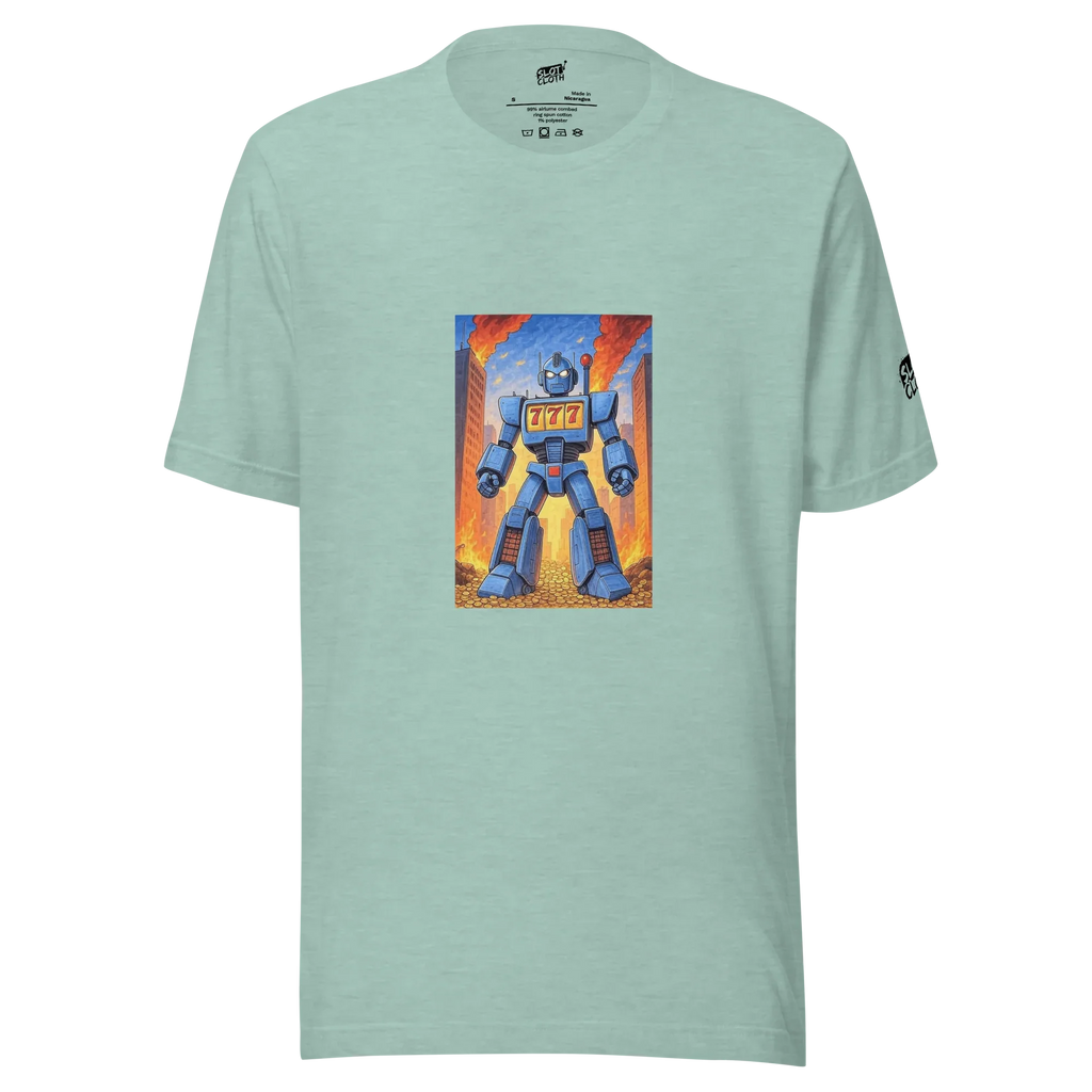 Mint green t-shirt with robot graphic featuring 777 slot machine design, cityscape background, and gold coins