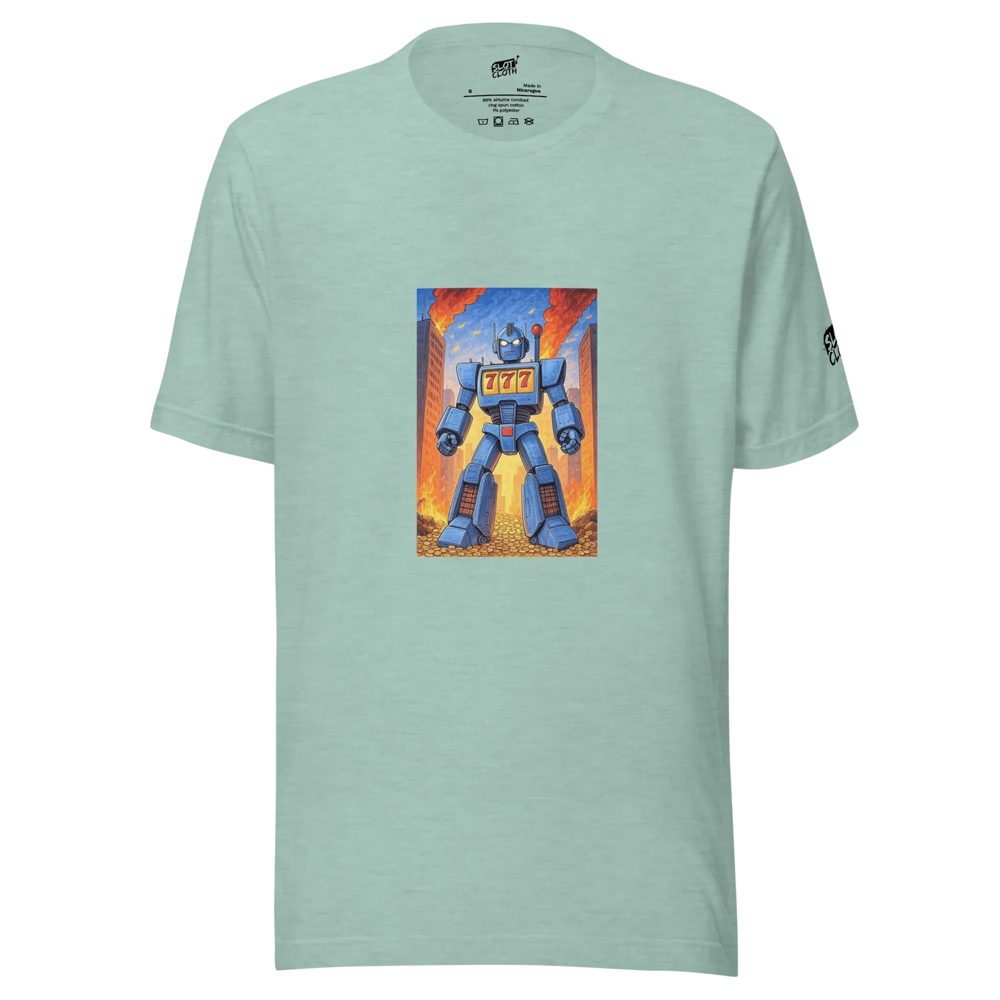 Mint green t-shirt with robot graphic featuring 777 slot machine design, cityscape background, and gold coins