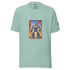 Mint green t-shirt with robot graphic featuring 777 slot machine design, cityscape background, and gold coins