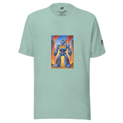 Mint green t-shirt with robot graphic featuring 777 slot machine design, cityscape background, and gold coins