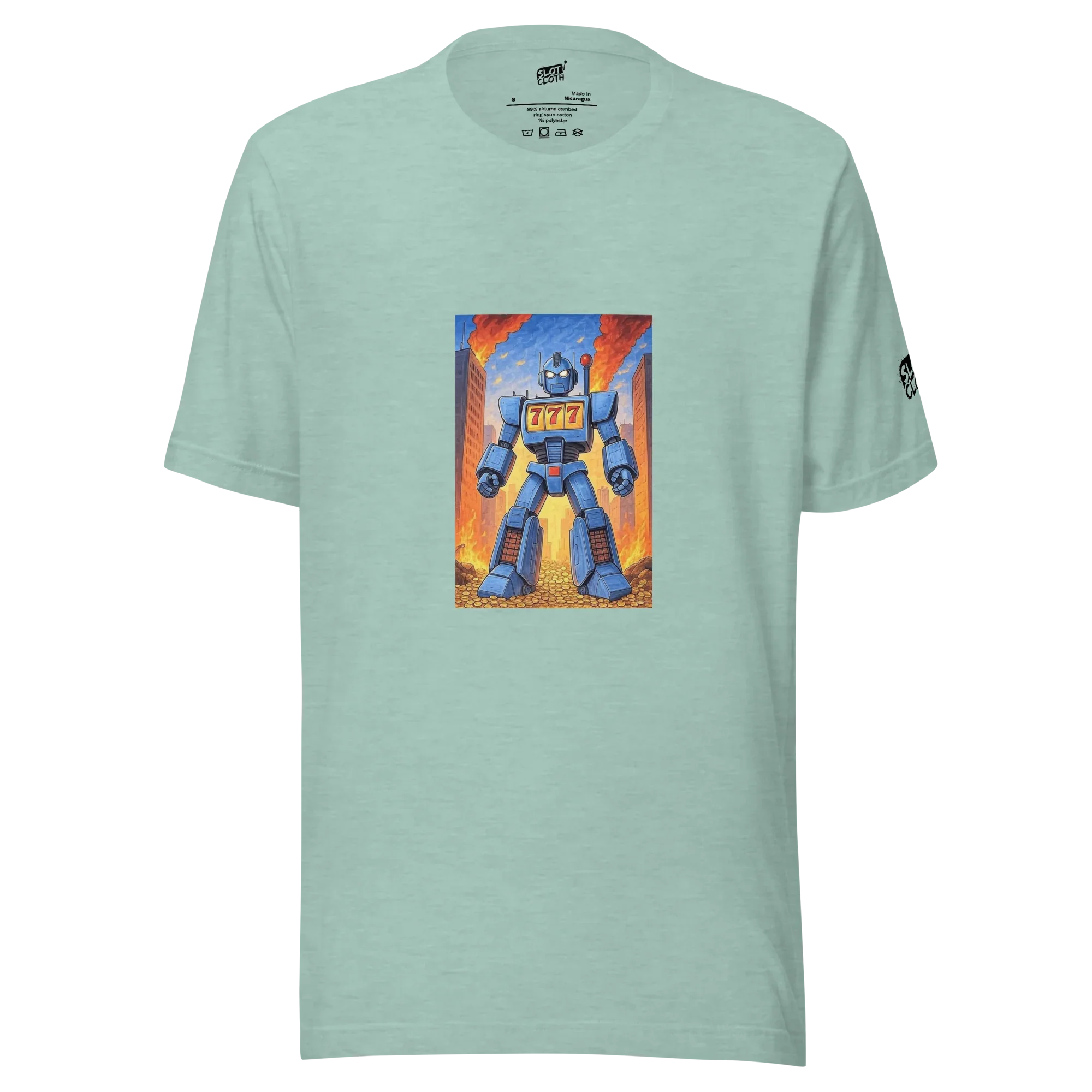 Mint green t-shirt with robot graphic featuring 777 slot machine design, cityscape background, and gold coins