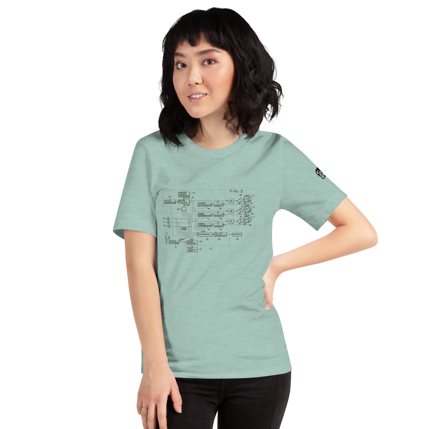 Woman wearing mint green t-shirt with vintage slot machine schematic diagram, quirky gaming apparel