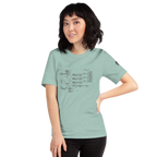 Woman wearing mint green t-shirt with vintage slot machine schematic diagram, quirky gaming apparel