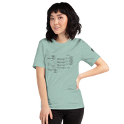 Woman wearing mint green t-shirt with vintage slot machine schematic diagram, quirky gaming apparel