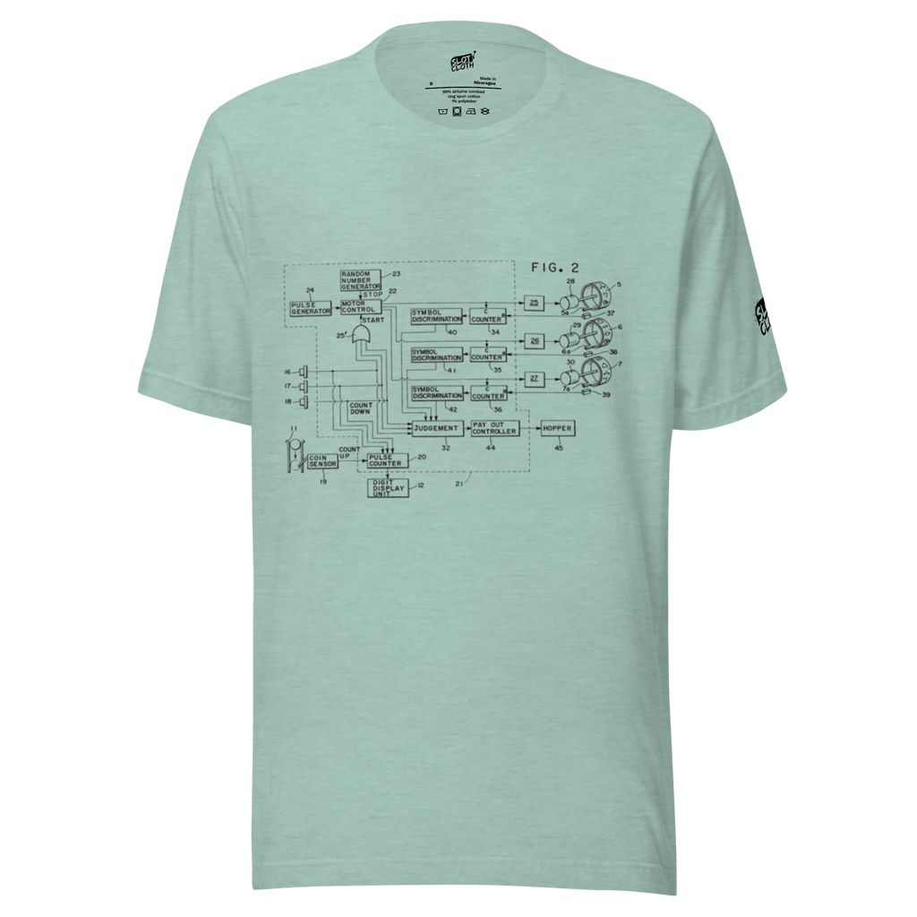 Mint green t-shirt with vintage slot machine schematic diagram, perfect for casino enthusiasts and tech lovers.