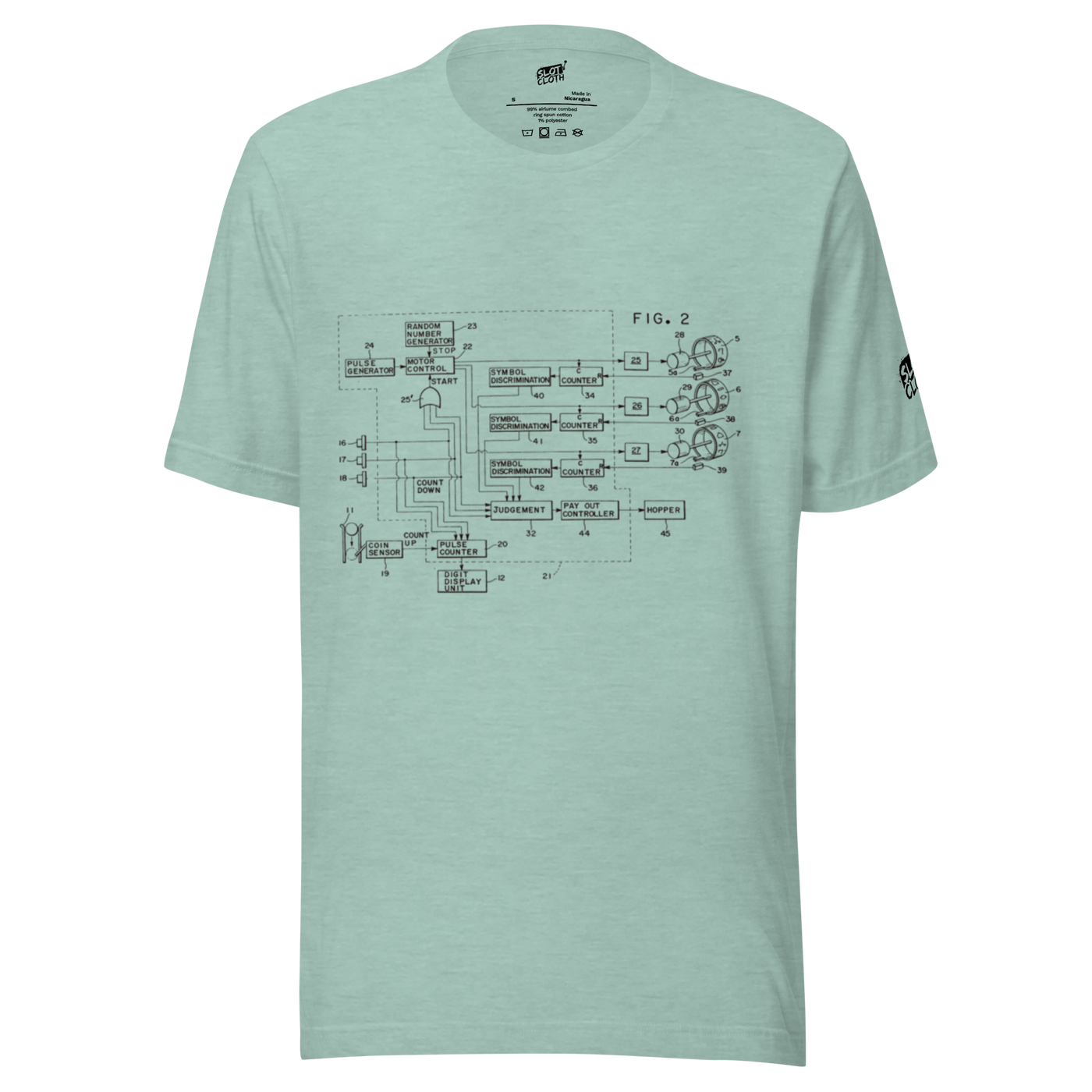 Mint green t-shirt with vintage slot machine schematic diagram, perfect for casino enthusiasts and tech lovers.