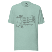 Mint green t-shirt with vintage slot machine schematic diagram, perfect for casino enthusiasts and tech lovers.