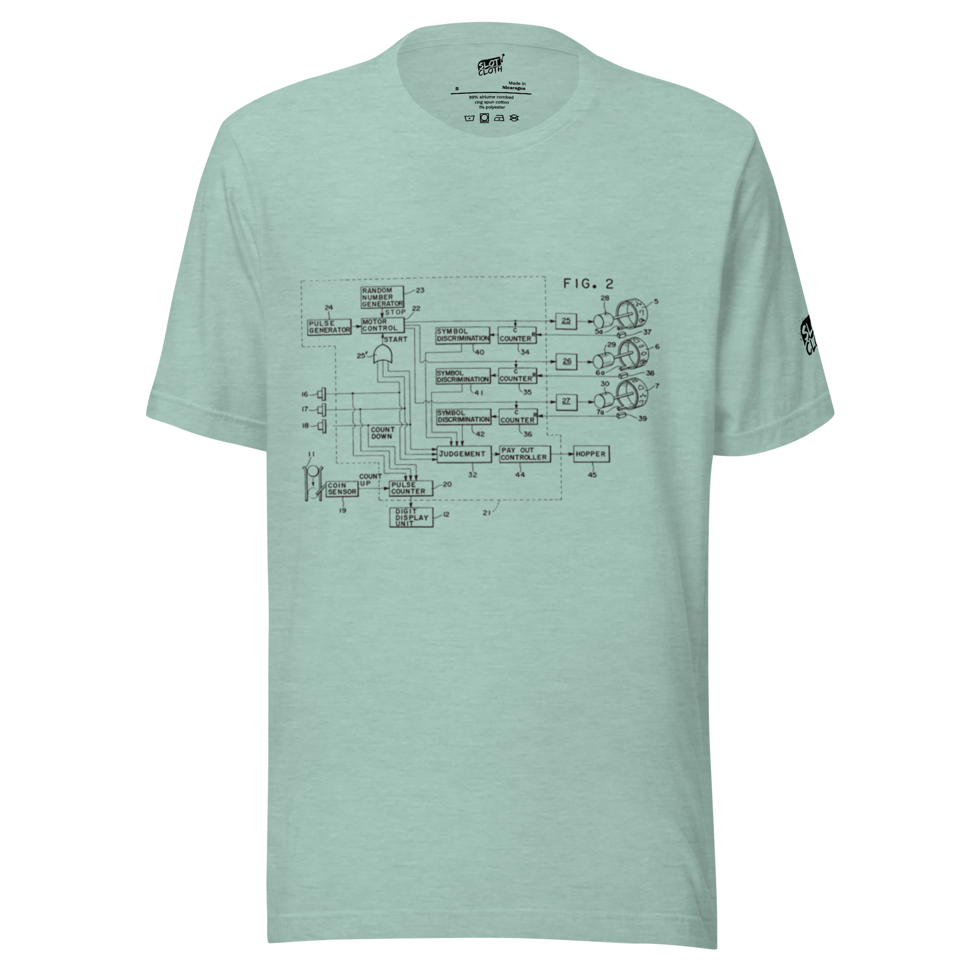 Mint green t-shirt with vintage slot machine schematic diagram, perfect for casino enthusiasts and tech lovers.