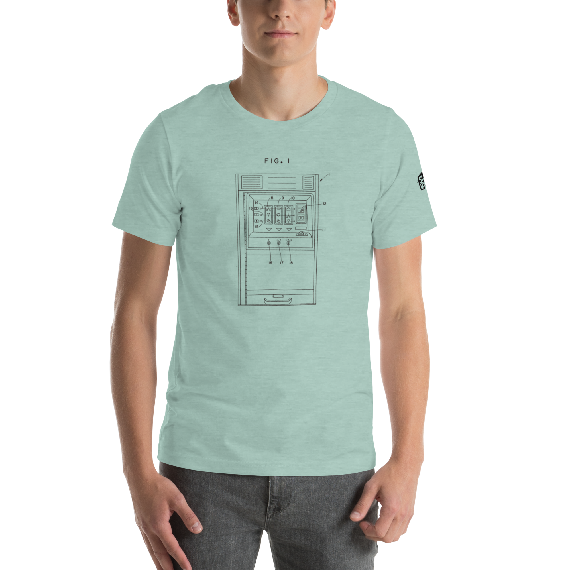 Mint green t-shirt with slot machine diagram design for players and professionals