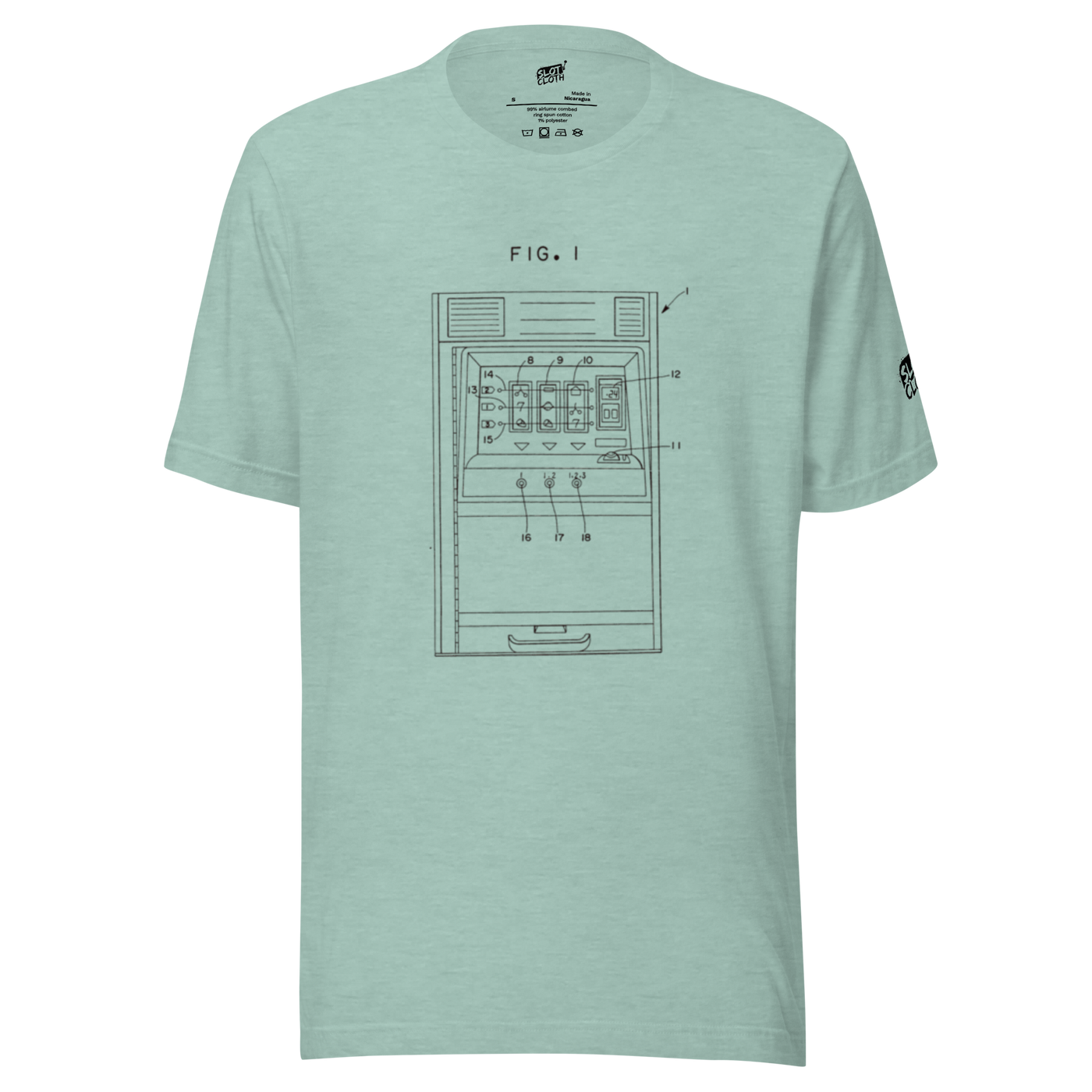 Mint green t-shirt with vintage slot machine patent diagram, FIG. 1, for casino enthusiasts and players