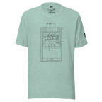 Mint green t-shirt with vintage slot machine patent diagram, FIG. 1, for casino enthusiasts and players