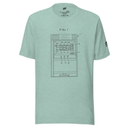 Mint green t-shirt with vintage slot machine patent diagram, FIG. 1, for casino enthusiasts and players