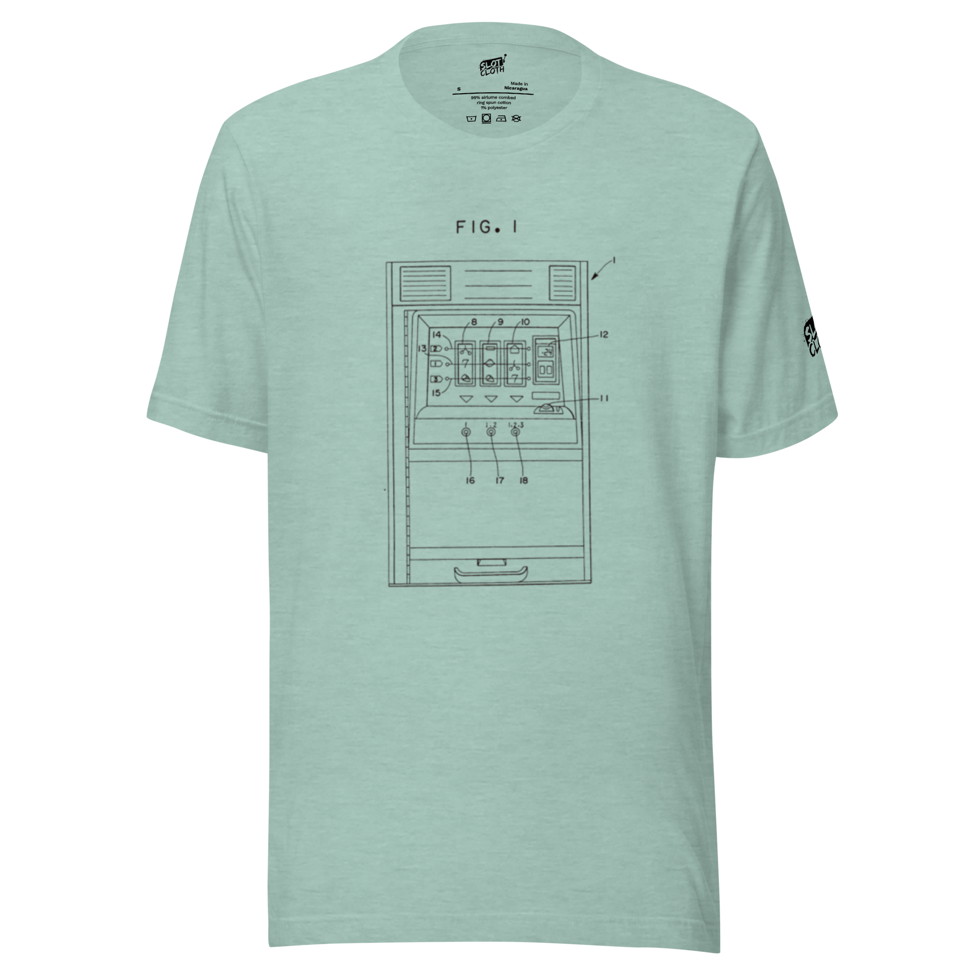 Mint green t-shirt with vintage slot machine patent diagram, FIG. 1, for casino enthusiasts and players