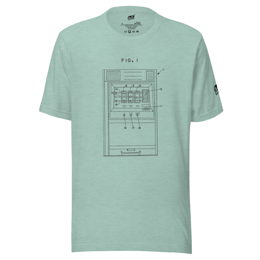 Mint green t-shirt with vintage slot machine patent diagram, FIG. 1, for casino enthusiasts and players