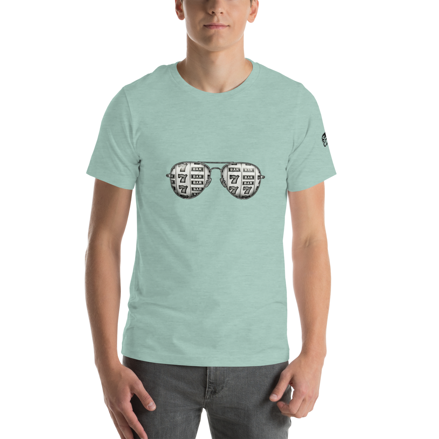 Mint green t-shirt with slot machine sunglasses graphic, featuring 7s and BAR symbols for casino-themed fashion.