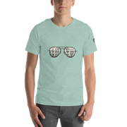 Mint green t-shirt with slot machine sunglasses graphic, featuring 7s and BAR symbols for casino-themed fashion.