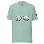 Mint green t-shirt with slot machine sunglasses graphic, featuring 7s and BAR symbols for casino-themed fashion.