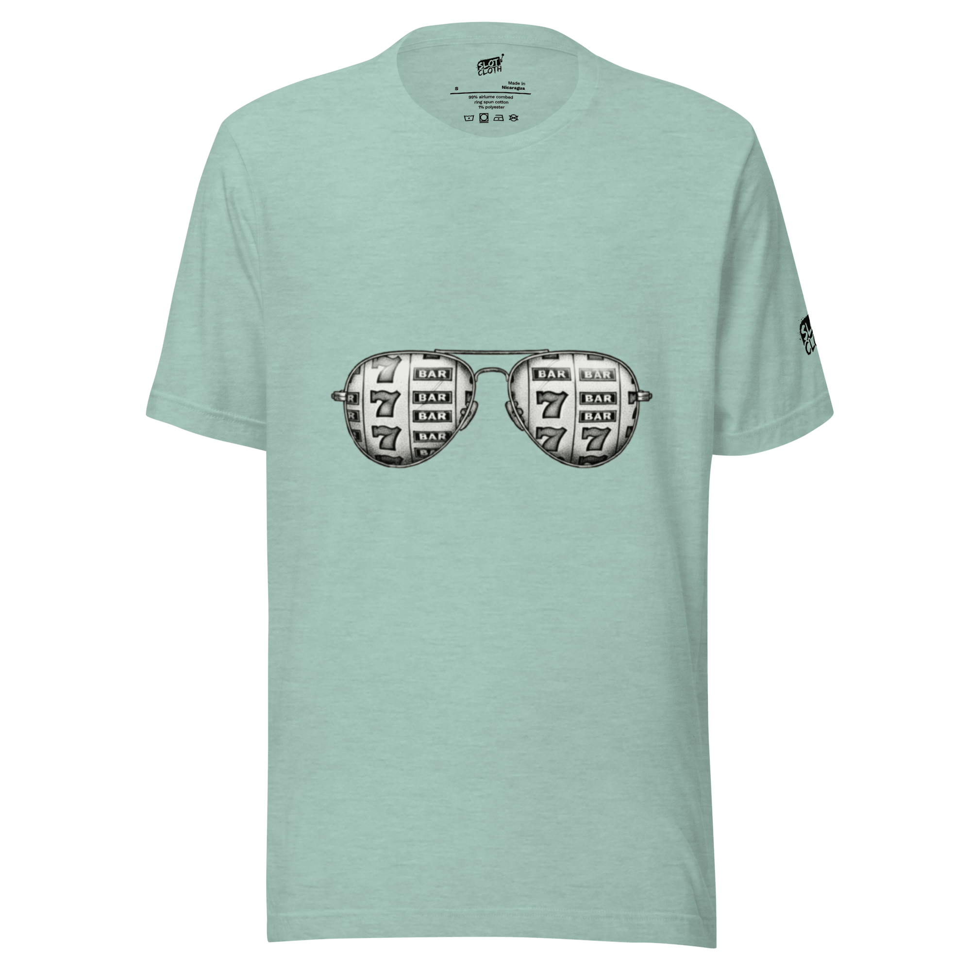 Mint green t-shirt with slot machine sunglasses graphic, featuring 7s and BAR symbols for casino-themed fashion.
