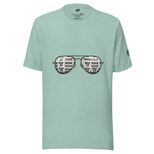 Mint green t-shirt with slot machine sunglasses graphic, featuring 7s and BAR symbols for casino-themed fashion.
