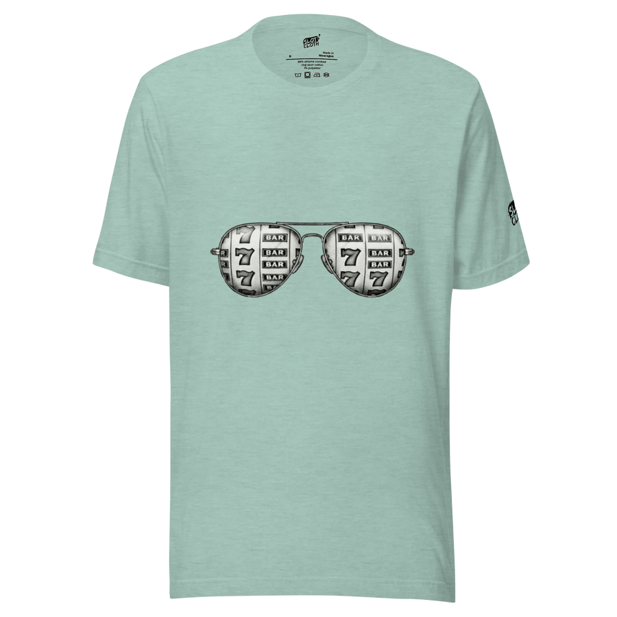 Mint green t-shirt with slot machine sunglasses graphic, featuring 7s and BAR symbols for casino-themed fashion.