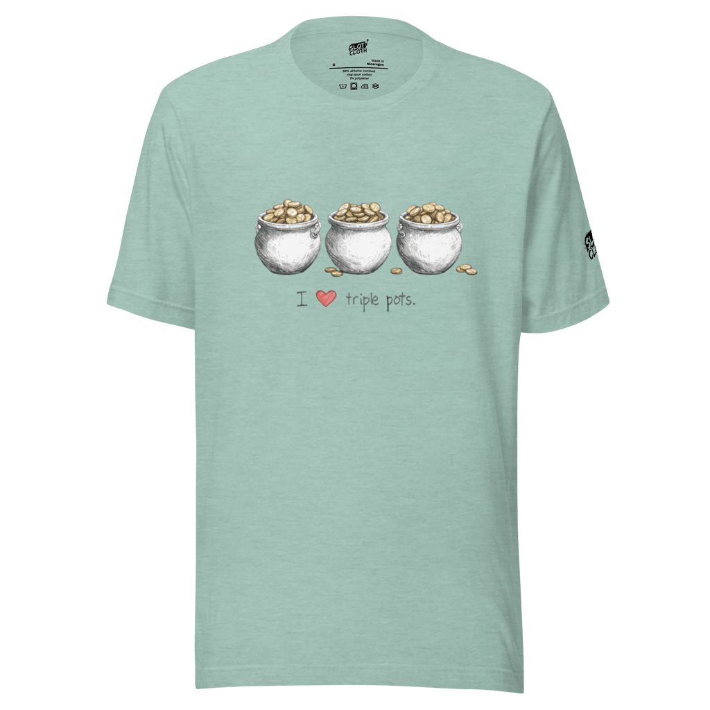 Mint green t-shirt with 'I ❤️ triple pots' graphic, featuring three coin-filled pots, perfect for slot lovers.