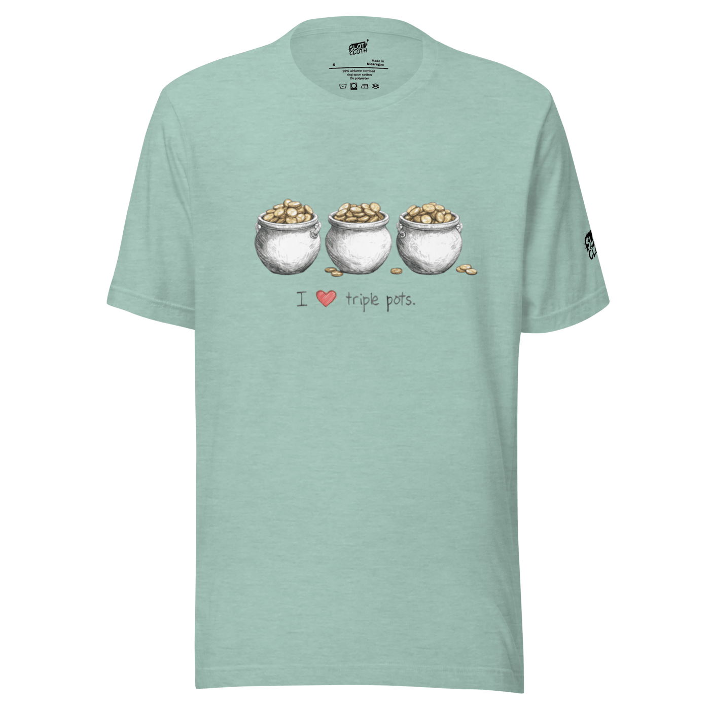 Mint green t-shirt with 'I ❤️ triple pots' graphic, featuring three coin-filled pots, perfect for slot lovers.