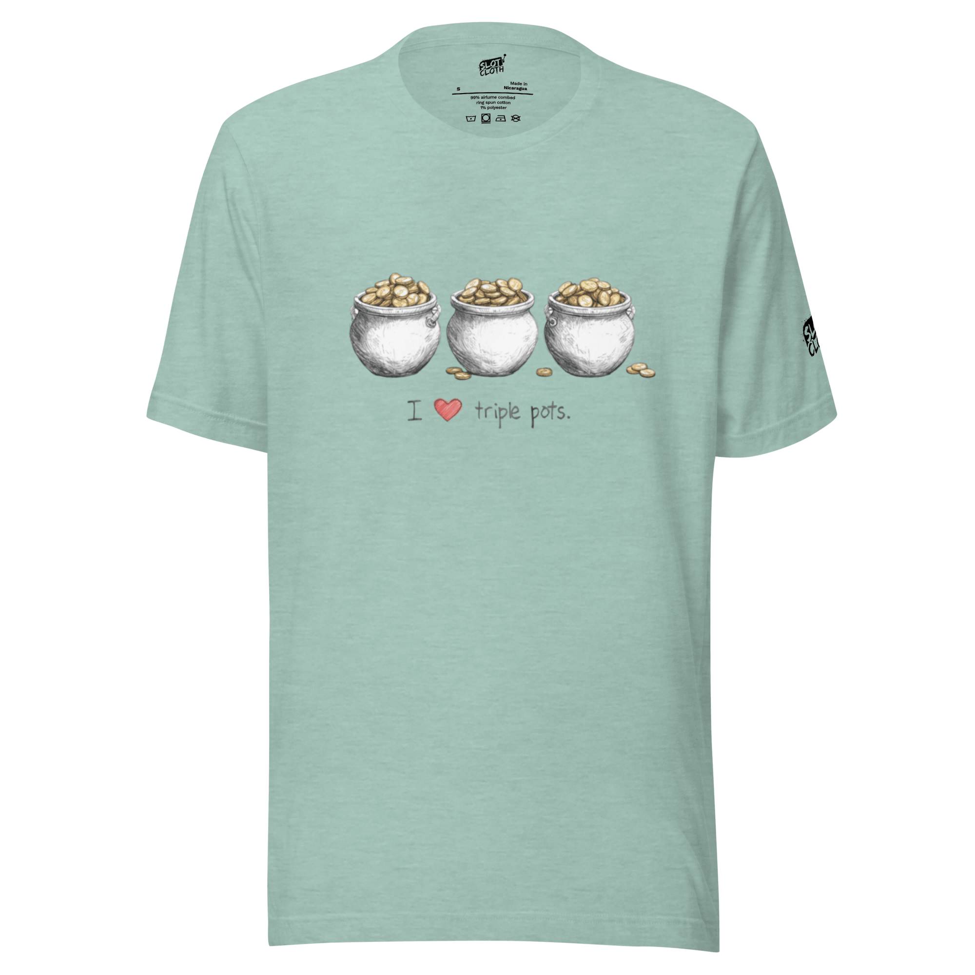 Mint green t-shirt with 'I ❤️ triple pots' graphic, featuring three coin-filled pots, perfect for slot lovers.