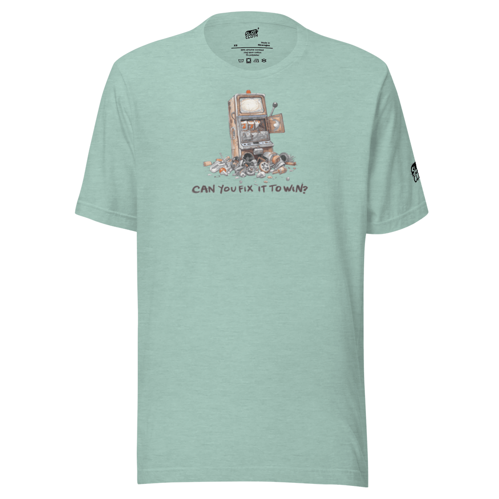 Mint green t-shirt with broken slot machine graphic and 'Can You Fix It To Win?' text