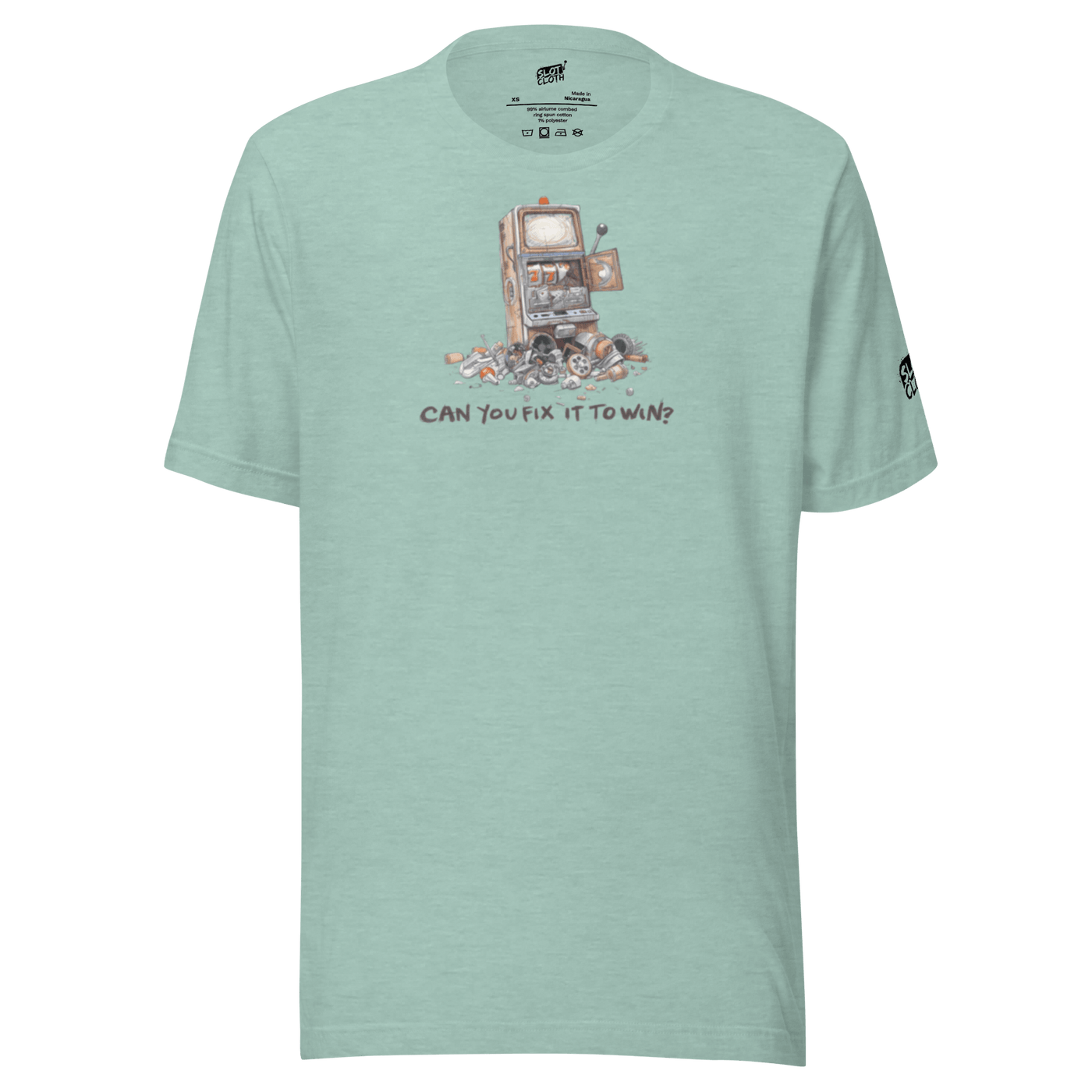 Mint green t-shirt with broken slot machine graphic and 'Can You Fix It To Win?' text