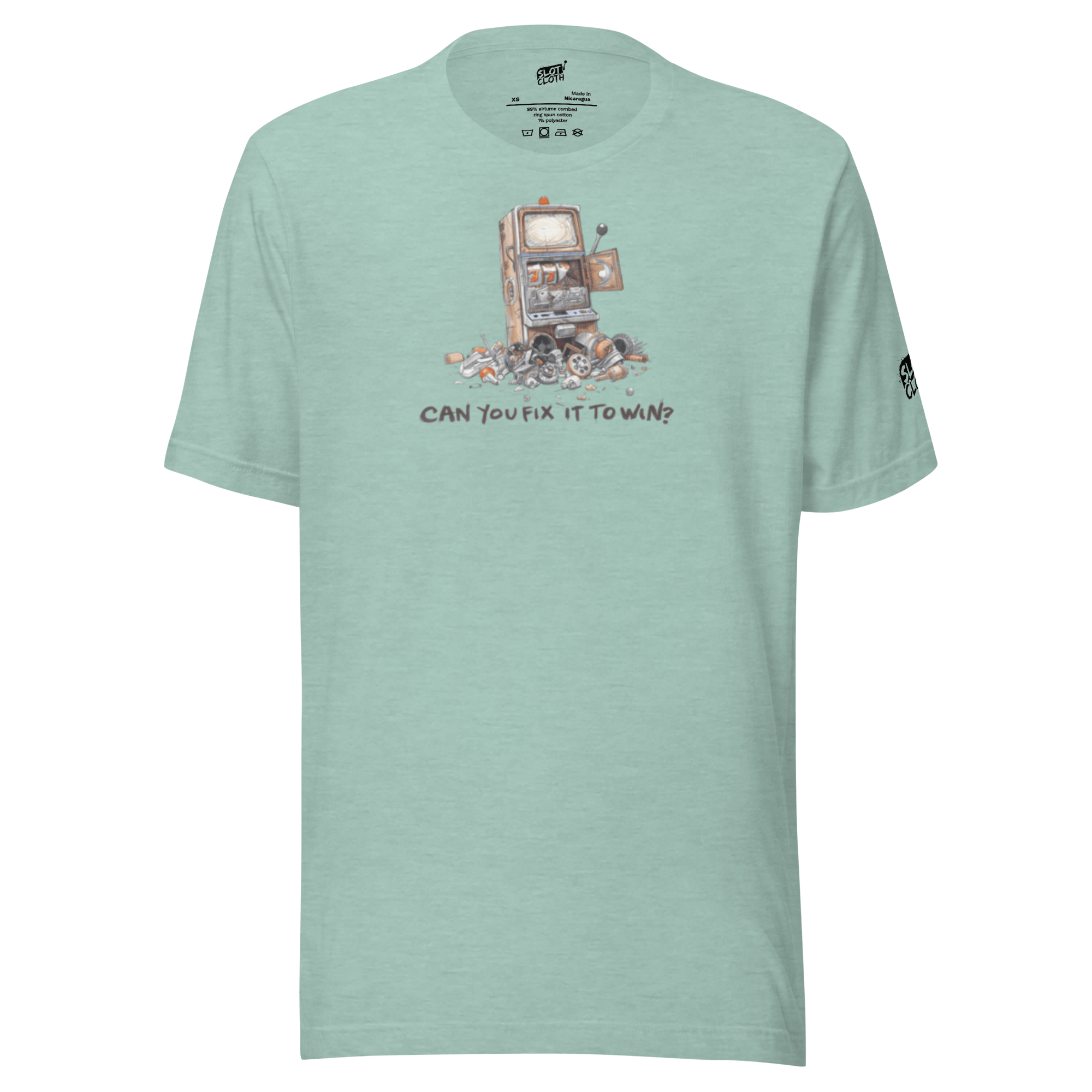 Mint green t-shirt with broken slot machine graphic and 'Can You Fix It To Win?' text