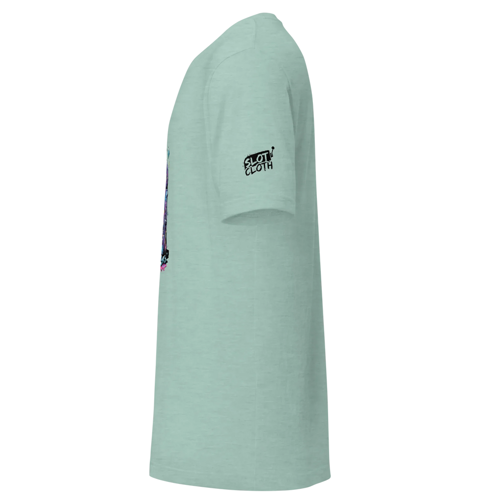 Mint green slot-themed t-shirt with 'Slot Cloth' logo and colorful side graphic design
