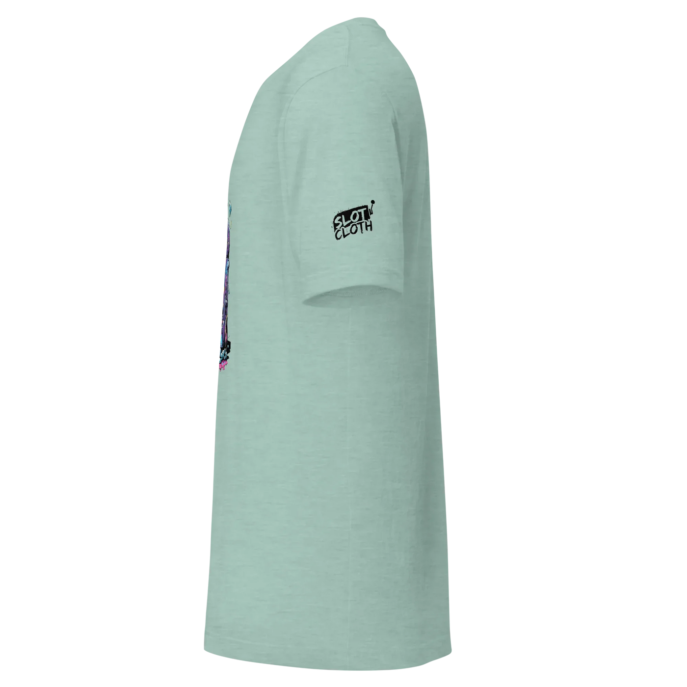 Mint green slot-themed t-shirt with 'Slot Cloth' logo and colorful side graphic design