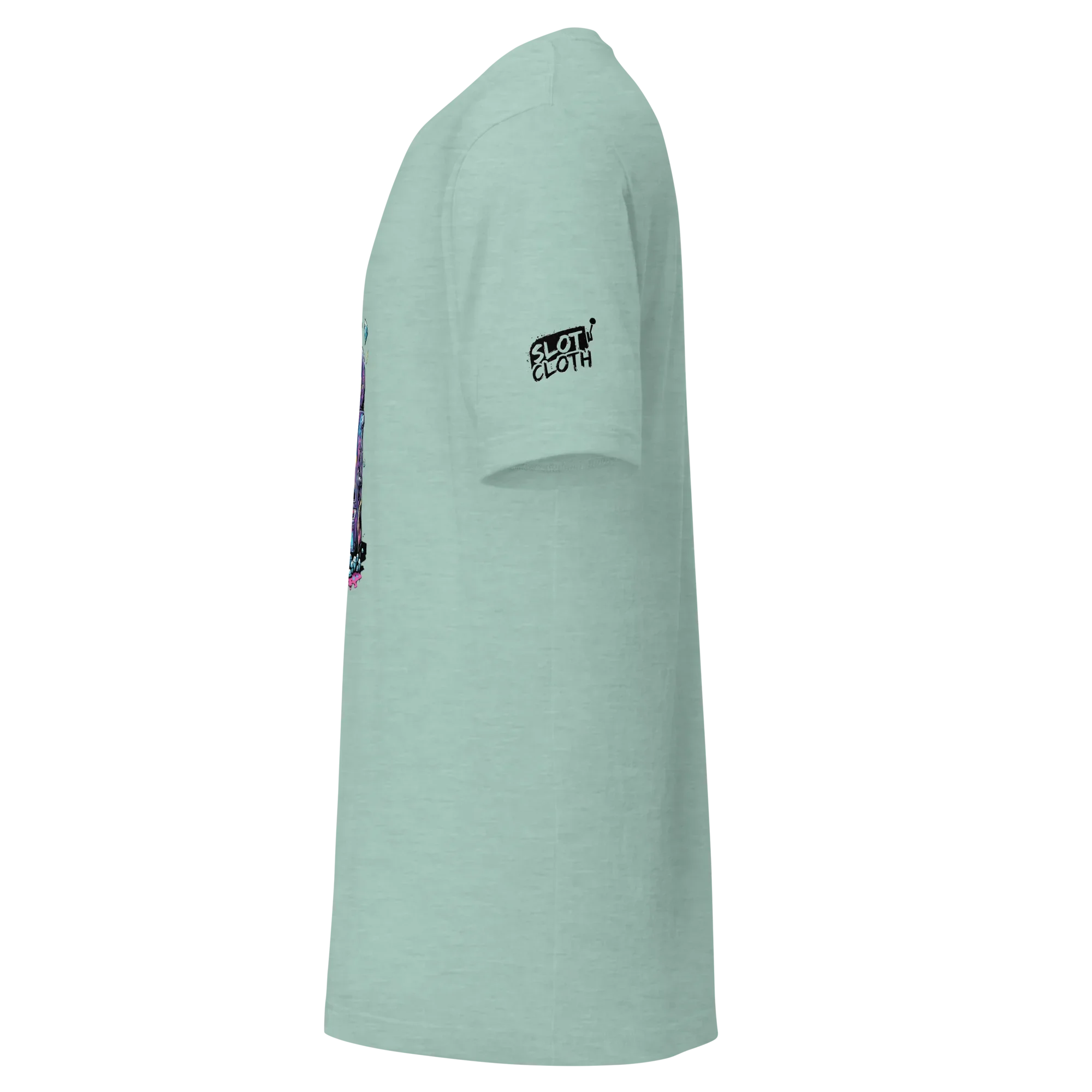 Mint green slot-themed t-shirt with 'Slot Cloth' logo and colorful side graphic design