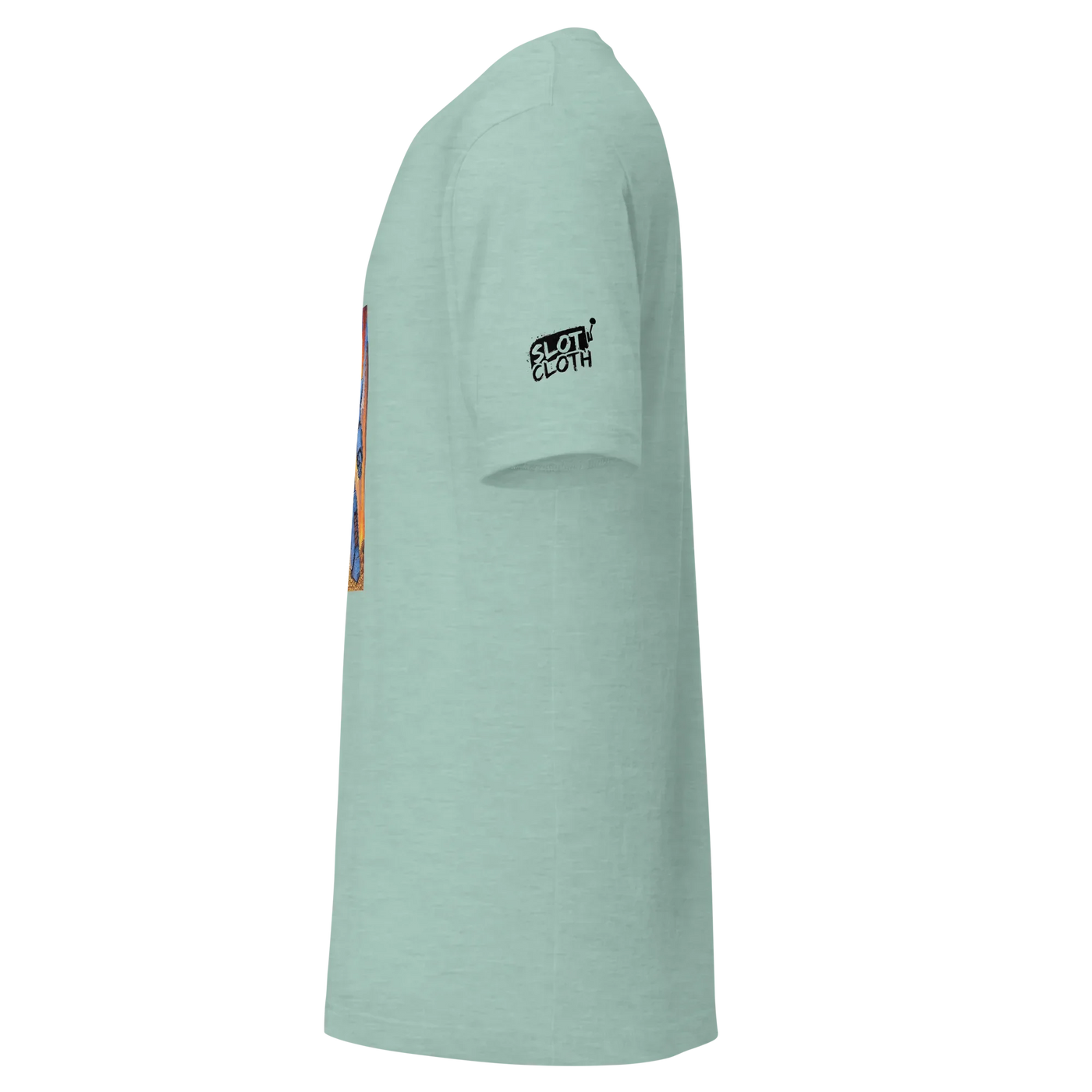 Mint green slot-themed t-shirt with 'Slot Cloth' logo on sleeve and side graphic design