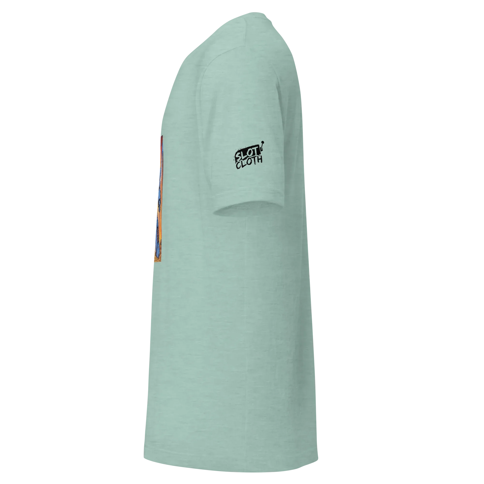 Mint green slot-themed t-shirt with 'Slot Cloth' logo on sleeve and side graphic design