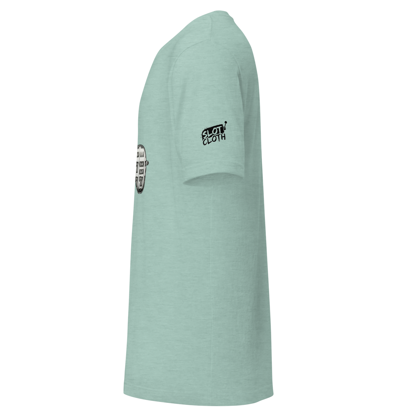 Mint green slot-themed t-shirt with vintage slot machine graphic and 'Slot Cloth' logo on sleeve