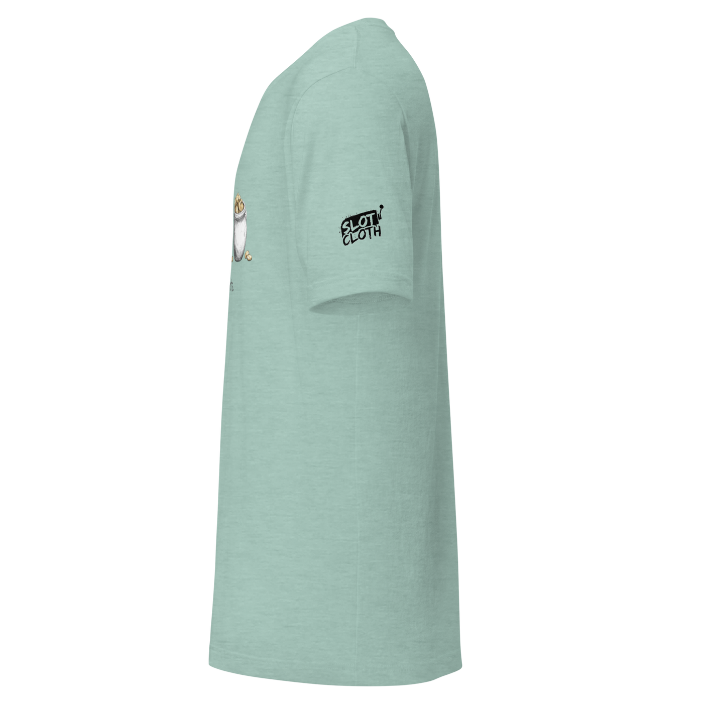 Mint green slot-themed t-shirt with 'Slot Cloth' logo and coin bag graphic, quirky casino apparel for players.