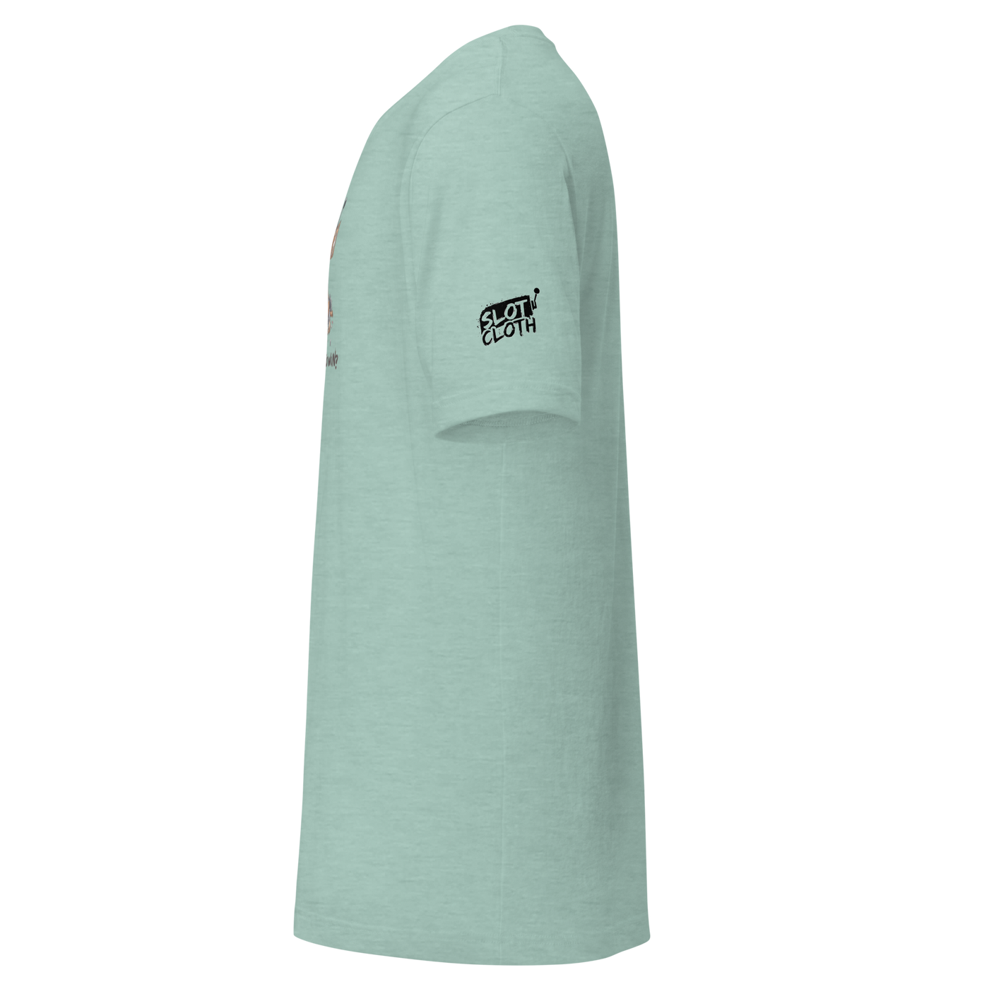 Mint green Slot Cloth t-shirt with black logo on sleeve, featuring quirky slot-themed design for players