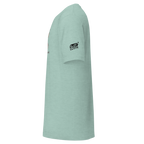 Mint green Slot Cloth t-shirt with black logo on sleeve, featuring quirky slot-themed design for players