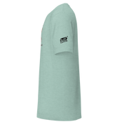 Mint green Slot Cloth t-shirt with black logo on sleeve, featuring quirky slot-themed design for players