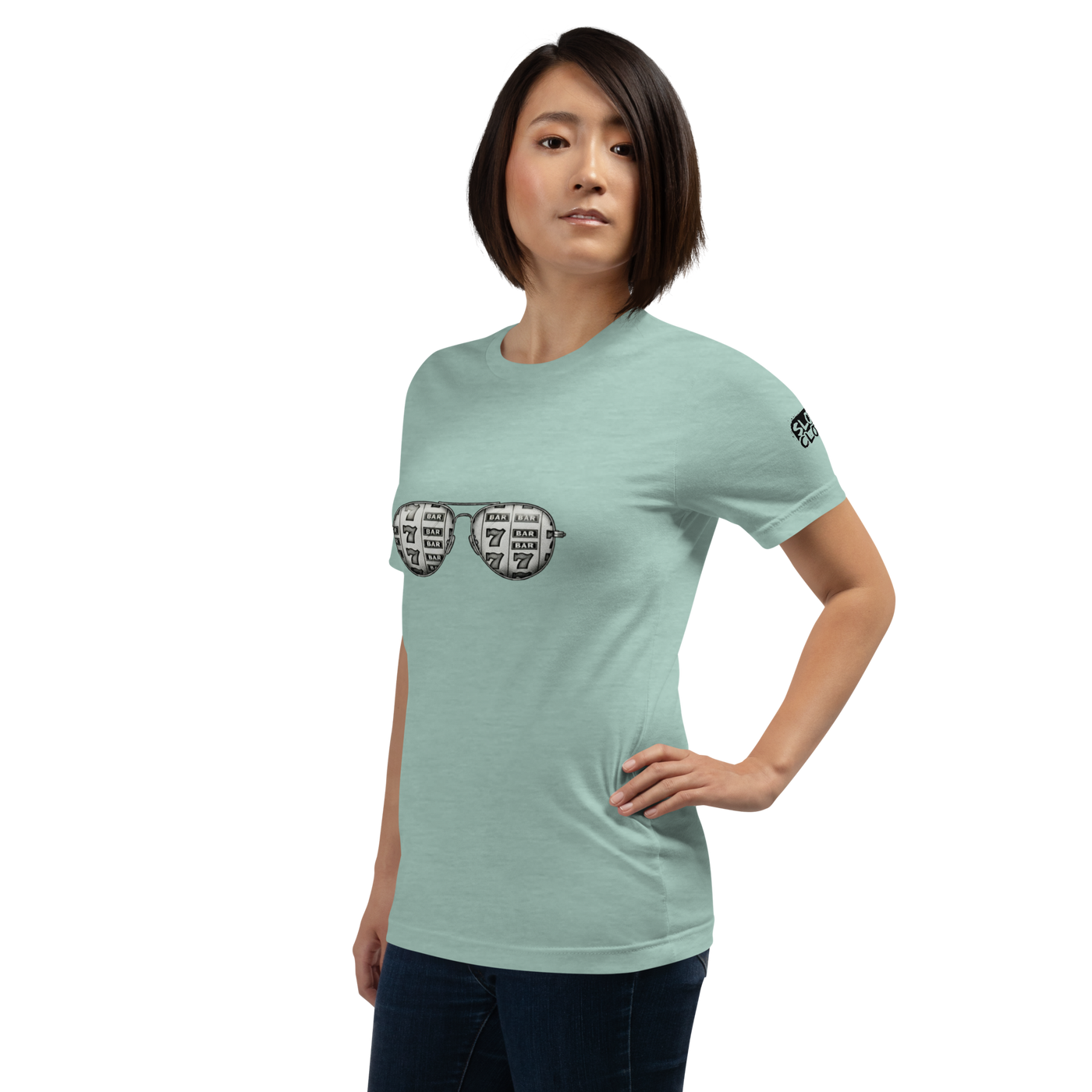 Woman wearing mint green t-shirt with slot machine sunglasses graphic, perfect for casino lovers and gaming fans.