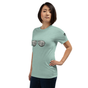 Woman wearing mint green t-shirt with slot machine sunglasses graphic, perfect for casino lovers and gaming fans.