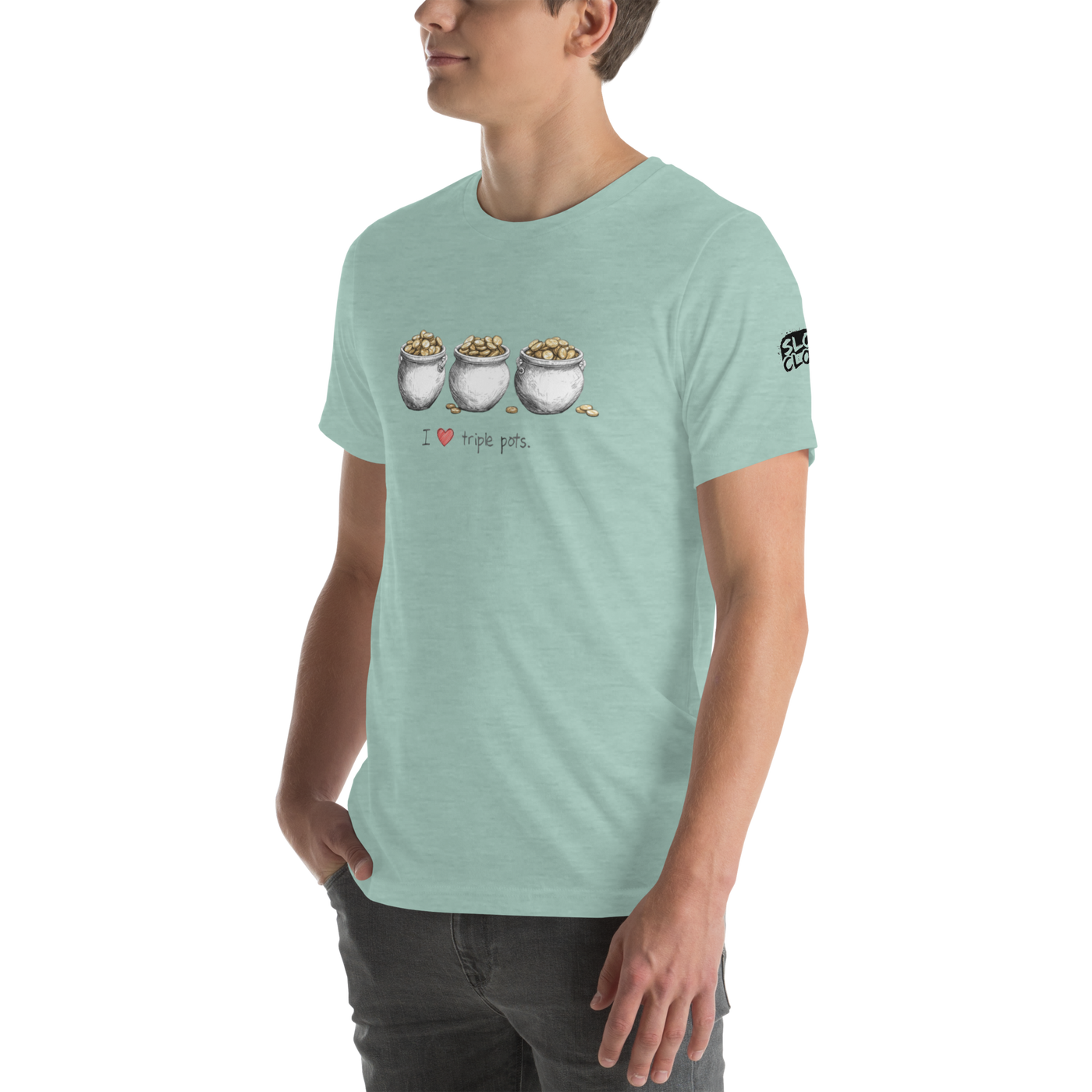 Mint green t-shirt with 'I ❤️ triple pots' graphic, featuring three pots of gold coins, perfect for slot lovers.