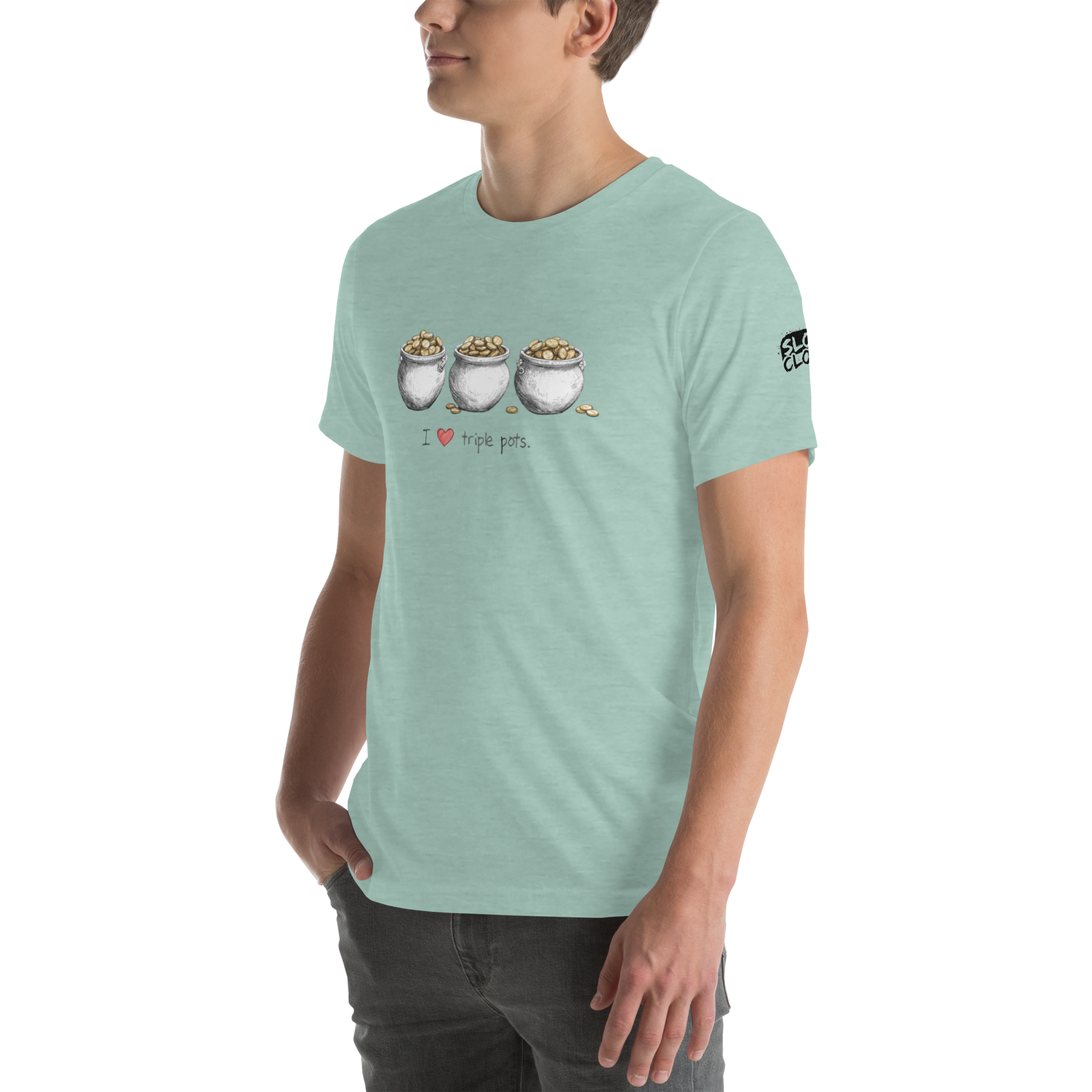 Mint green t-shirt with 'I ❤️ triple pots' graphic, featuring three pots of gold coins, perfect for slot lovers.