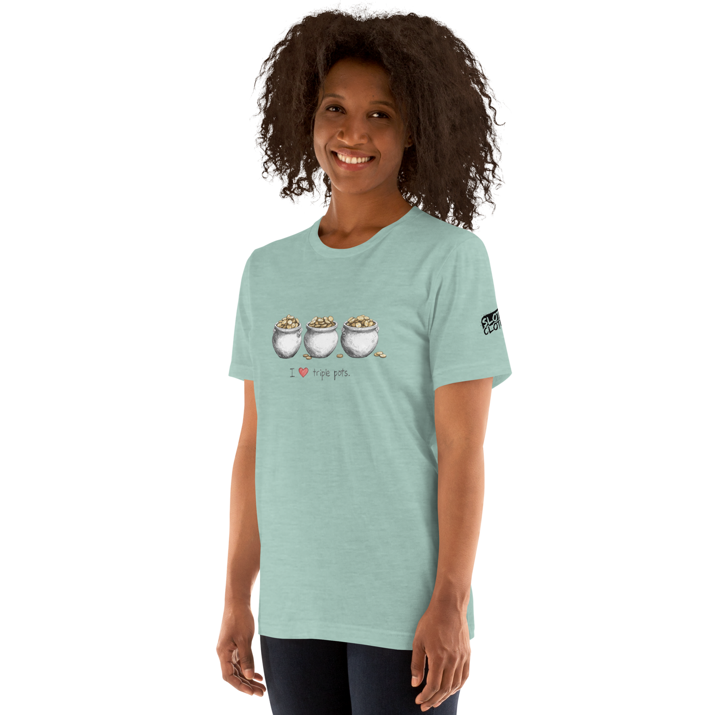 Woman wearing mint green t-shirt with 'I ❤️ triple pots' graphic and three pots of gold, slot-themed apparel