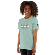 Woman wearing mint green t-shirt with 'I ❤️ triple pots' graphic and three pots of gold, slot-themed apparel