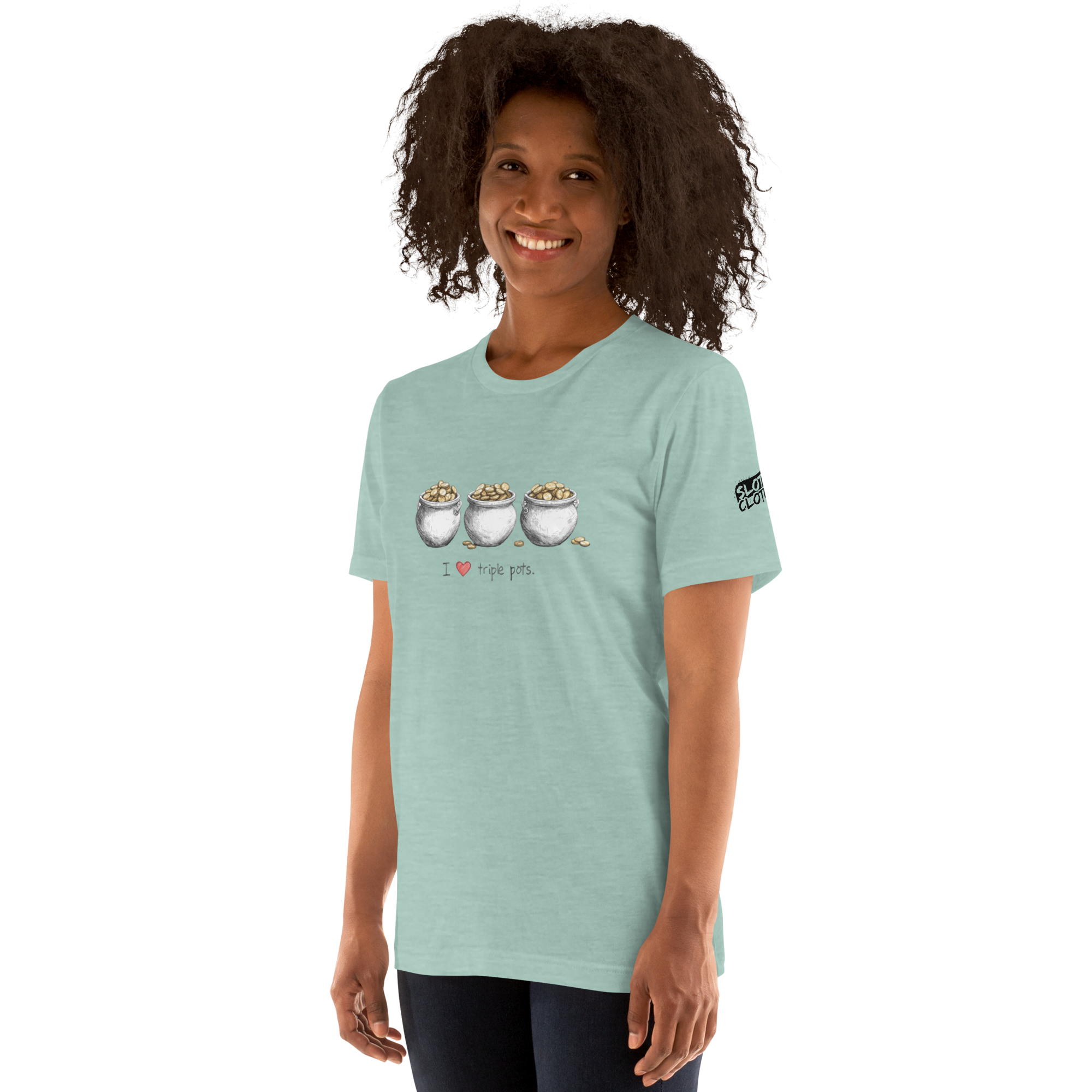 Woman wearing mint green t-shirt with 'I ❤️ triple pots' graphic and three pots of gold, slot-themed apparel